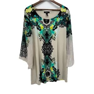 Style & Co Blouse Sheer Green Tan Floral Print Boho Forest Fairy Goblincore L